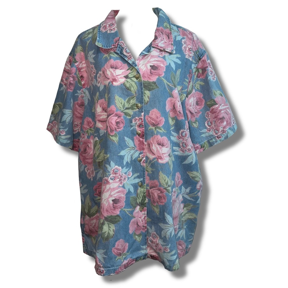 Vtg Floral Chambray Button Down Top